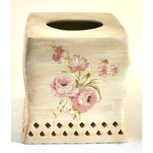 TISSUE BOX COVER-LAURA ASHLEY-Ceramic-Roses-Cream/Tan-Square Tissue Boxes-6"x5"